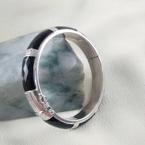 Hinged Black Spinel Bangle Natural Stone Grade A 925 Silver Body Thick and Strong Inner Size 56.8 mm