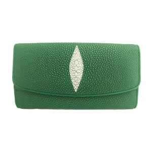 Auténtica cartera triple de cuero Stingray para mujer, color verde, patrón de ojos, bolso clásico, nuevo regalo para ella