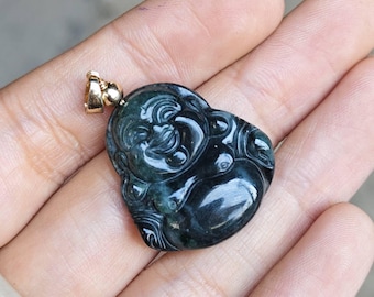 Carved Jade Phra Sangkatchai Pendant, Ink-Gray Chinese Jade, Gold Plated Silver (2.5x2.6cm)