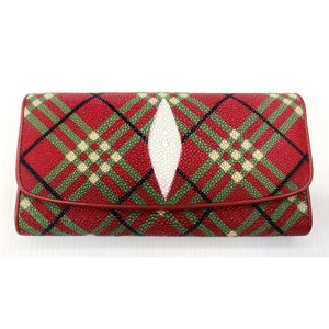 Cartera de piel auténtica Stingray con diseño de cuadros largos, color rojo y verde