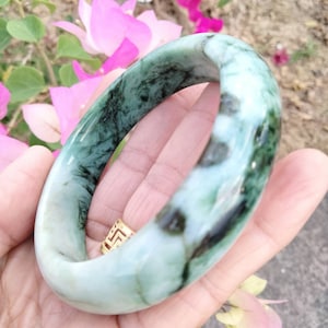 Natural Burmese Jade Bangle White Green Jadeite Type A Flat Belly Shape Beautiful Bracelet Inner Size 58 mm