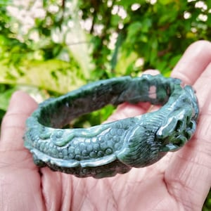 Burmese Jade Bangle Green Carved Dragon Jedite Type A 57.8 mm (inside of the bangle has manufacturing marks) Does Not Affect to Wearing)