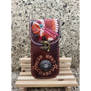 Bolso de cuero genuino para teléfono móvil, funda para teléfono móvil con patrón indio rojo de tamaño mediano, bolso con borde de punto con forma Vertical