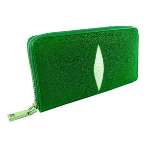 Carteira feminina de couro de arraia autêntica, verde, zíper único, padrão de olho longo, bolsa clássica, novo presente para ela