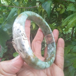 Burmese Jade Bangle Bracelet: Hinged Jadeite, Silver Cover - 68.5mm