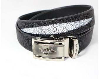 Genuine Stingray Leather Belt: Black, Stainless Steel Buckle +