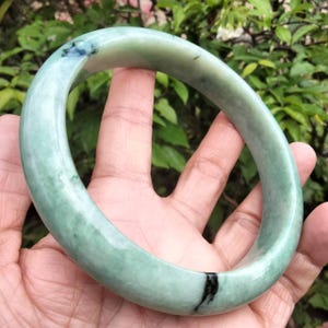 Rare Item Jumbo Size Light Green Little Black Jade Bangle Burmese Natural Jadeite Type A Inner Size 77.5 mm.