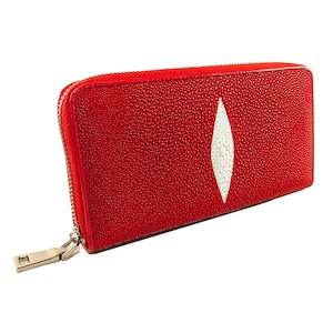 Cartera de mujer de cuero Stingray auténtica, color rojo brillante, con cremallera única, patrón de ojos largos, bolso clásico, nuevo regalo para ella