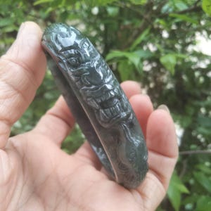Jade Bangle Dark Green Flat Belly Shape Burmese Jade Bracelet Carved Dragon Pattern Size 57 mm