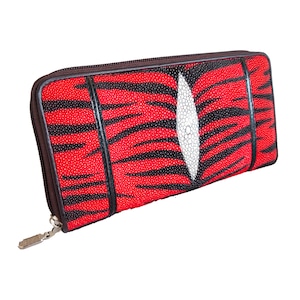 Cartera de mujer de cuero Stingray auténtica, bolso clásico con cremallera única en rojo y negro, diseño de espiga larga, nuevo regalo para ella