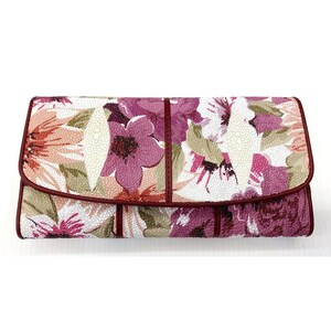 Cartera de piel auténtica Stingray para mujer, monedero, monedero, triple pliegue largo, estampado con estampado de flores rosas