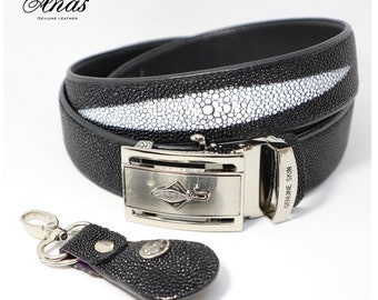 Genuine Stingray Leather Belt Export Grade Genuine Leather Belt With Zipper Inside Black Color comes with 1 Stingray Keychain