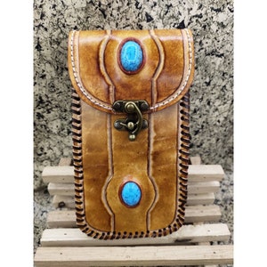 Bolso de cuero genuino para teléfono móvil de 7x4 pulgadas decorado con patrón estampado turquesa Bolso de cuero con borde tejido de forma vertical de gran tamaño