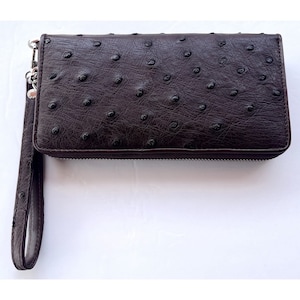 Cartera de piel auténtica de avestruz con 1 cremallera, color marrón