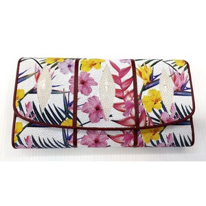 Cartera de piel auténtica de raya, triple pliegue, larga, con estampado floral, blanco, rojo, amarillo y rosa