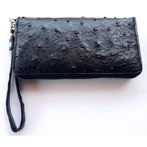 Elegante Cartera de Mujer 1 Cremallera de Piel Auténtica de Avestruz Negro Regalo para Ella