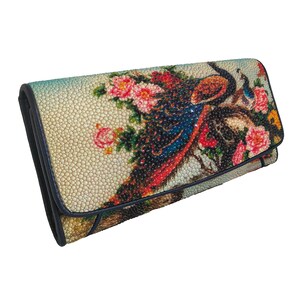 Auténtica cartera triple de cuero Stingray para mujer, color azul, amarillo, rojo, patrón de pavo real, bolso clásico, nuevo regalo para ella