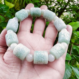Burmese Jadeite Jade Bracelet Carved Barrel Shape Size 13mm Light Green Shiny