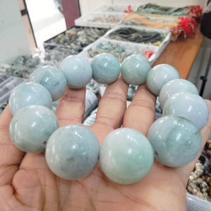 Large Bead Rare Burmese Jade Bracelet Round Bead Size 22.2 mm White Green Natural Jadeite