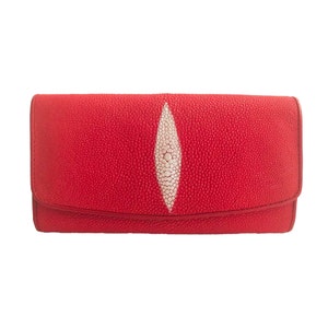 Auténtica cartera triple de cuero Stingray para mujer, bolso clásico con patrón de ojos de color rojo, nuevo regalo para ella