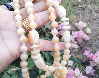 Burmese Jade Necklace Yellow White Bead Size 9 mm Decorated with Square Cut with Heart Pendant Jade Beautiful 26'' Gift For Her