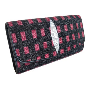 Auténtica cartera triple de cuero Stingray para mujer, Color negro púrpura, patrón cuadrado, bolso clásico, nuevo regalo para ella
