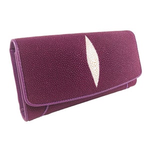 Auténtica billetera triple de cuero Stingray para mujer, color púrpura, patrón de ojos, bolso clásico, nuevo regalo para ella