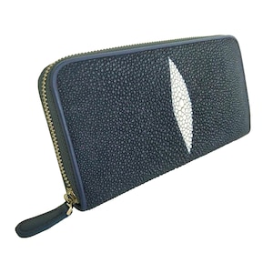 Auténtica cartera de mujer de cuero Stingray azul marino con cremallera única y patrón de ojos largos bolso clásico nuevo regalo para ella