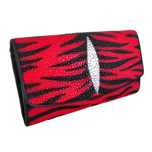 Auténtica cartera triple de cuero Stingray para mujer, color rojo y negro, patrón de espiga, bolso clásico, nuevo regalo para ella