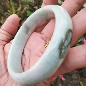 Burmese Jade Bangle Light Green Gray Flat Belly Shape Bracelet Jadeite Type A Inner Size 59 mm