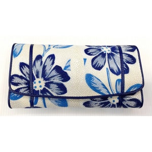 Cartera de mujer de cuero genuino Stingray Trifold largo estampado floral blanco azul regalo para ella
