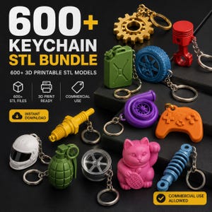 May include: A digital product bundle featuring 600+ keychain STL files for 3D printing. The image displays various colorful 3D printed keychains including a gold gear, red piston, green fuel can, blue tire, purple turbo, orange game controller, white helmet, green grenade, silver wheel, pink lucky cat, and blue shock absorber.