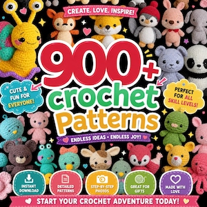 Può includere: Una copertina di libro digitale intitolata 900+ crochet patterns su sfondo nero, riempita con varie figure di animali all'uncinetto colorate tra cui una lumaca, una volpe, un panda e un polpo, con banner che recitano Create, Love, Inspire e Start your crochet adventure today.