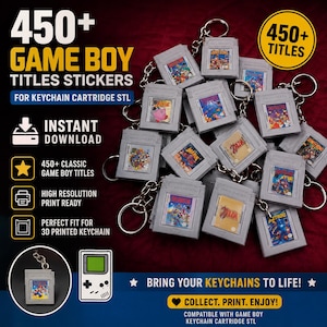May include: A collection of gray plastic game cartridge keychains featuring various colorful game labels. The image includes text stating 450+ Game Boy Titles Stickers for Keychain Cartridge STL, Instant Download, and Bring Your Keychains to Life.