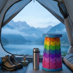 Könnte beinhalten: Ein mehrfarbiger, zusammenklappbarer Hocker und eine Edelstahl-Wasserflasche befinden sich in einem Zelt. Wanderschuhe und ein kleiner Campingkocher sind ebenfalls zu sehen. Der Hintergrund zeigt einen See und Berge.