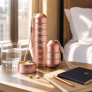 May include: A rose gold, cylindrical pill organiser with seven stackable compartments labelled SUN, MON, TUE, WED, THU, FRI, and SAT. A separate, smaller rose gold container labelled SUN sits open with pills inside, alongside a matching pill case.