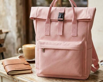 Pink Roll-Top Travel Backpack – 15.6" Laptop Bag, Waterproof, Lightweight, Padded, Ideal for Vanlife, University, Hiking & Everyday Use - Chic