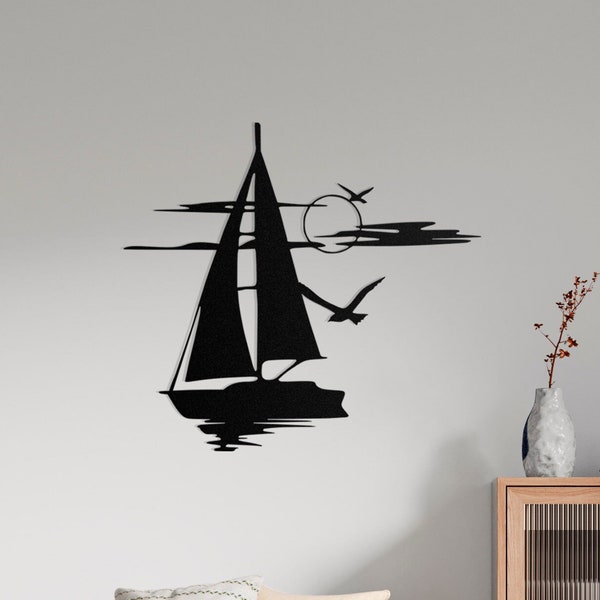 Art mural en métal pour bateau à voile, décoration murale minimaliste soleil mer, enseigne de voilier en métal, art mural côtier, décoration murale en métal, décoration de bateau