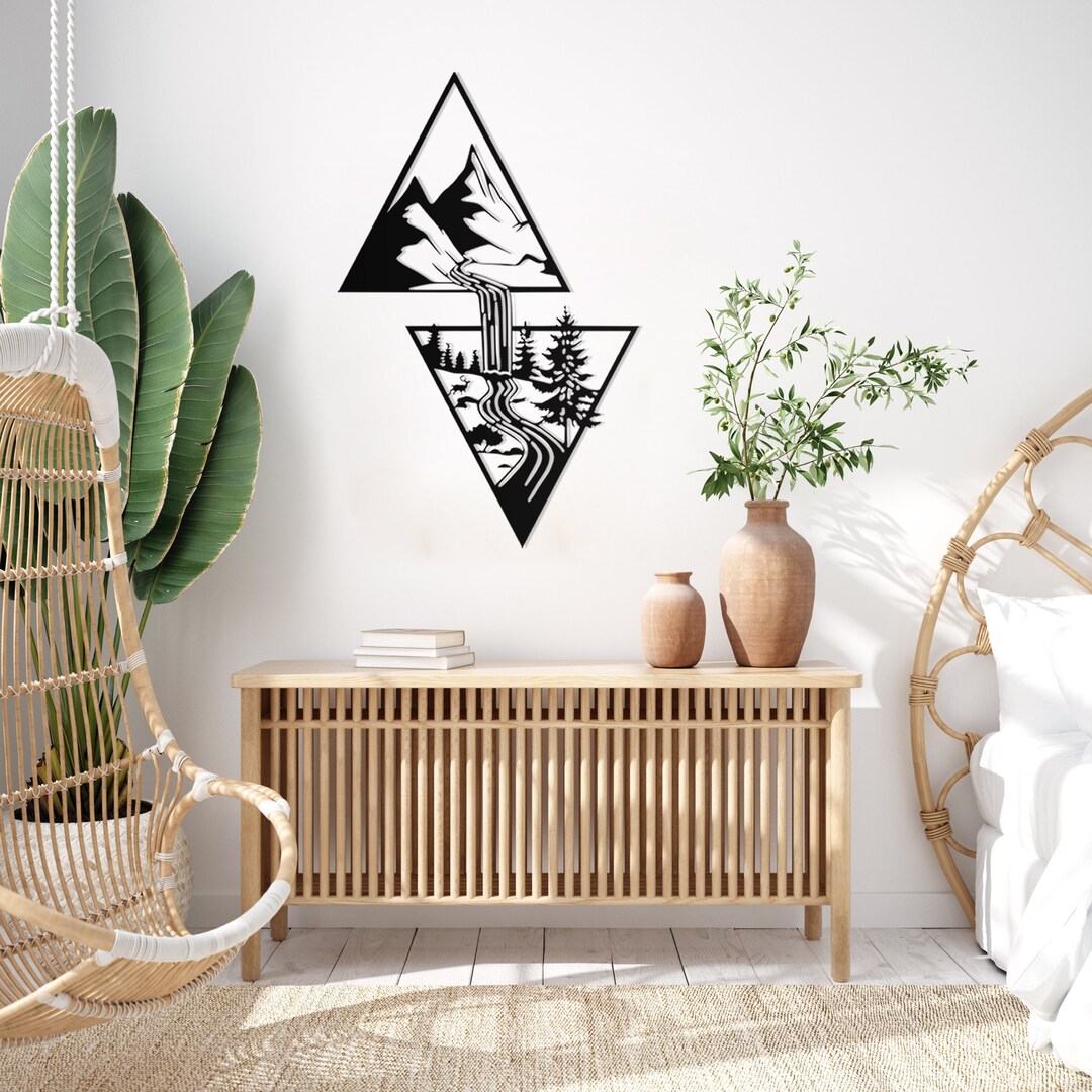 Metal Mountain Waterfall Wall Art, Mountain Landscape Wall Art, Nature Wall Decor, Trees Wall