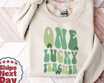 Lucky Teacher St Patrick's Day Sweatshirt, Retro Shamrock Crewneck