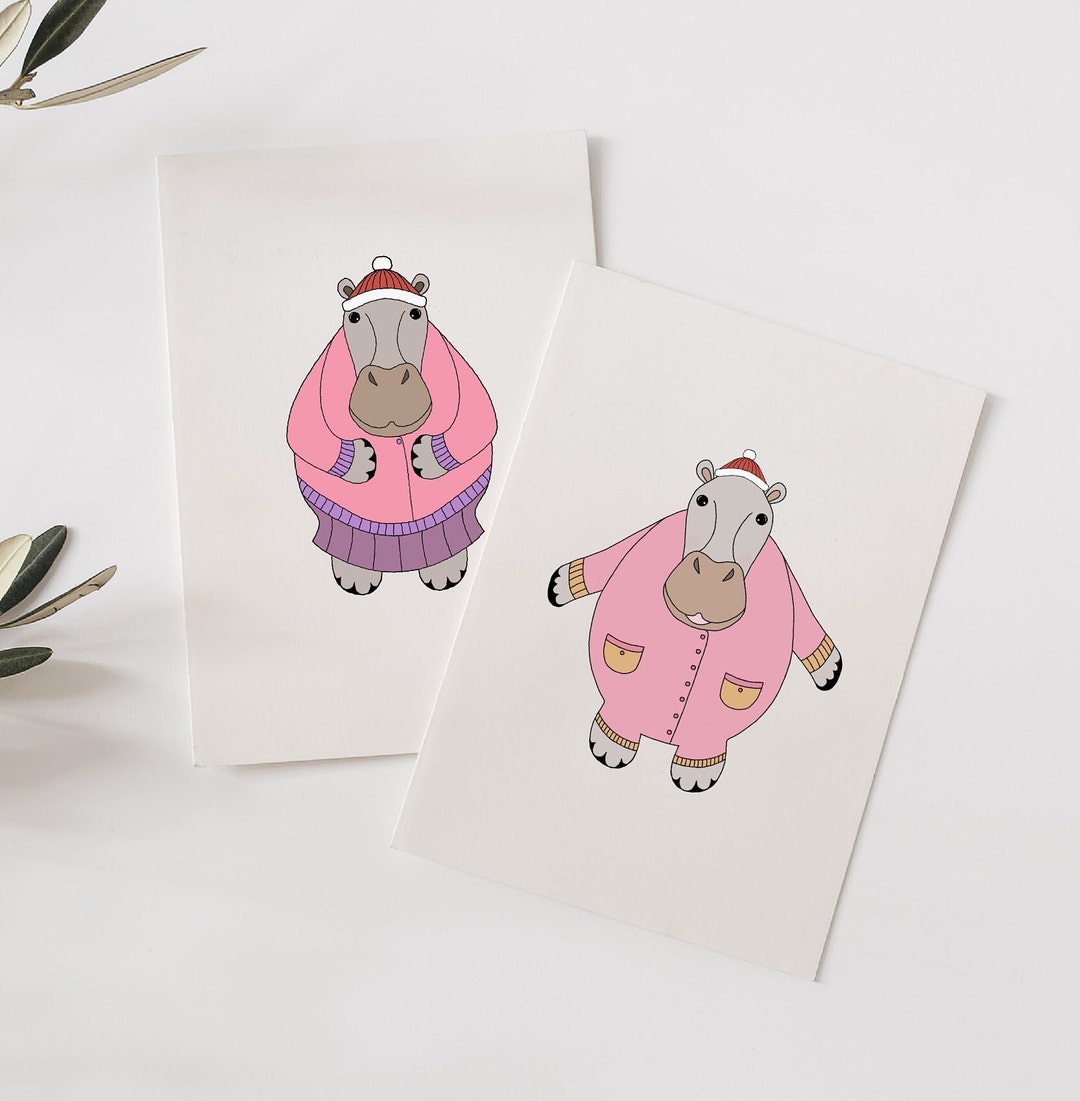 Printable Christmas Cards of Two Different Hippos, Simple and Cute Hand ...