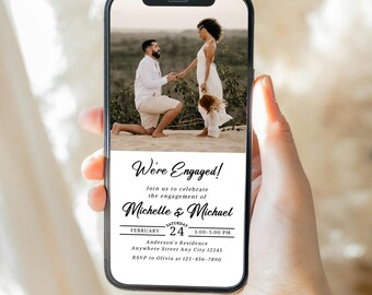 May include: A mobile phone screen displaying a digital engagement announcement. The announcement features a photo of a couple, a black and white text overlay, and the text "We're Engaged!"  Join us to celebrate the engagement of Michelle & Michael. Saturday, February 24, 3:00-5:00 PM. Anderson's Residence, Anywhere Street Any City 12345. RSVP to Olivia at 123-456-7890.