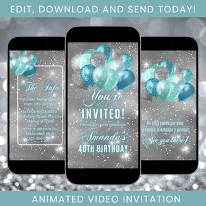 Turquoise Birthday Invitation, Silver and Turquoise Women Birthday Invite, Adult Text Birthday, Turquoise Balloons Birthday Invite Template