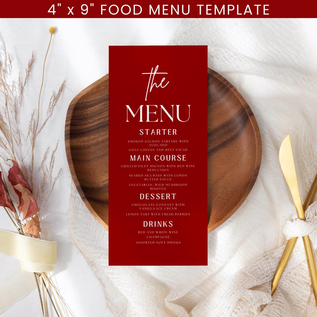 Red Food Menu Card, Table Menu, Minimalist, Party Menu, Retirement Menu ...
