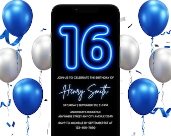 Blau Neon 16. Geburtstag Einladungsvorlage (Digital)