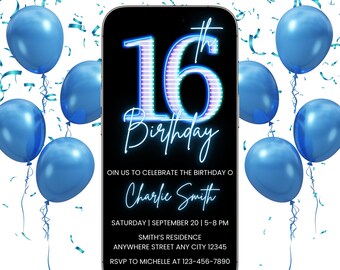 Blau Neon 16. Geburtstag Einladungsvorlage (Digital)