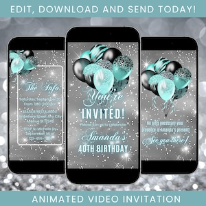 Turquoise Birthday Invitation, Black and Turquoise Women Birthday Invite, Adult Text Birthday, Turquoise Balloons Birthday Invite Template