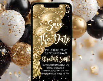 Digital Save the Date Birthday Invitation, Gold Balloons, Women Men Retirement, Any Age Template Digital Download