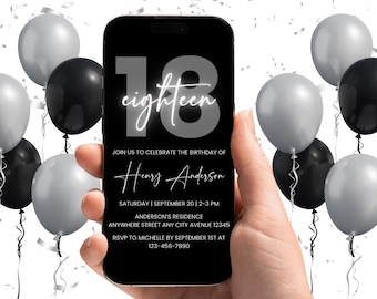 18th Birthday Invitation, Black & Gray Evite Template (Digital Download)