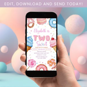 Invito di compleanno con due dolci caramelle, invito di compleanno a tema Candyland, invito di compleanno con testo per bambini, invito di compleanno a tema Candyland con gelato alla ciambella